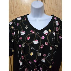 Hello Kitty Womens Scrub Top 2XL Black V-Neck Short Sleeve Cotton/Polyester Blen